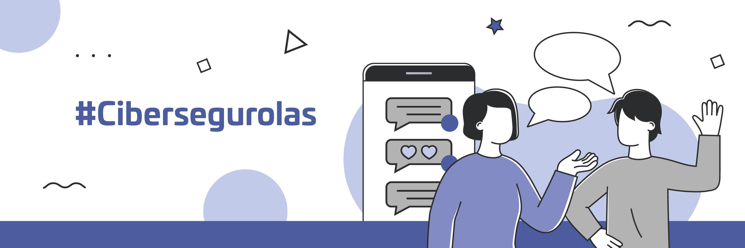 Imagen slider con el dibujo de dos figuras humanas delante de un teléfono móvil, perteneciente a la campaña #Cibersegurolas.