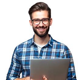 Hombre sonriente con un ordenador mientras consulta los servicios para empresa de Cyberzaintza.